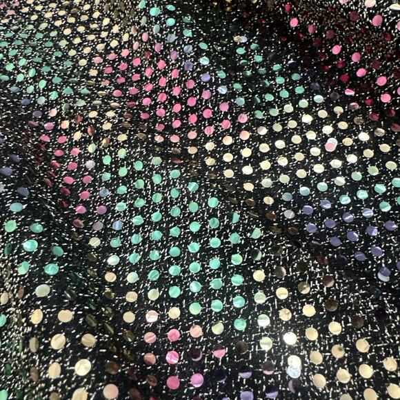 1 Yard Holographic Multi-Color Iridescent Sequin Dot Fabric On Black/Gold Knit - Picture 5 of 8